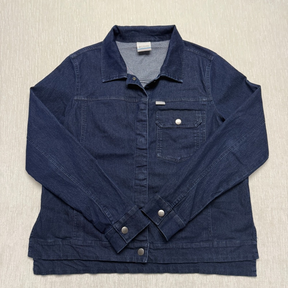 Columbia Denim Trucker Jacket Womens Large Blue Cotton Dark Wash Snap AL2557